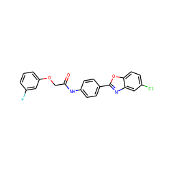 O=C(COc1cccc(F)c1)Nc1ccc(-c2nc3cc(Cl)ccc3o2)cc1 ZINC000035328334