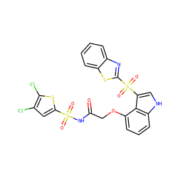 O=C(COc1cccc2[nH]cc(S(=O)(=O)c3nc4ccccc4s3)c12)NS(=O)(=O)c1cc(Cl)c(Cl)s1 ZINC000042852599