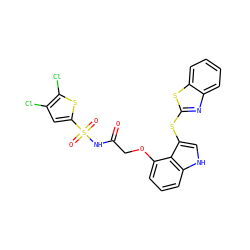 O=C(COc1cccc2[nH]cc(Sc3nc4ccccc4s3)c12)NS(=O)(=O)c1cc(Cl)c(Cl)s1 ZINC000042876067
