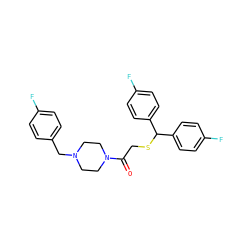 O=C(CSC(c1ccc(F)cc1)c1ccc(F)cc1)N1CCN(Cc2ccc(F)cc2)CC1 ZINC001772648312