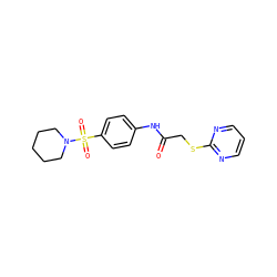 O=C(CSc1ncccn1)Nc1ccc(S(=O)(=O)N2CCCCC2)cc1 ZINC000003474854