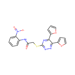 O=C(CSc1nnc(-c2ccco2)c(-c2ccco2)n1)Nc1ccccc1[N+](=O)[O-] ZINC000004110598