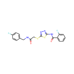 O=C(CSc1nnc(NC(=O)c2ccccc2F)s1)NCc1ccc(F)cc1 ZINC000009599925