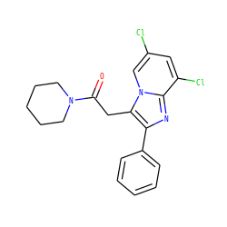 O=C(Cc1c(-c2ccccc2)nc2c(Cl)cc(Cl)cn12)N1CCCCC1 ZINC000013607370