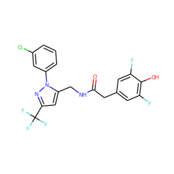 O=C(Cc1cc(F)c(O)c(F)c1)NCc1cc(C(F)(F)F)nn1-c1cccc(Cl)c1 ZINC000113489328