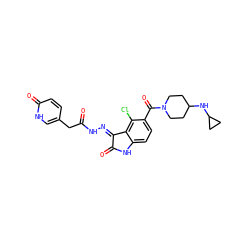 O=C(Cc1ccc(=O)[nH]c1)N/N=C1\C(=O)Nc2ccc(C(=O)N3CCC(NC4CC4)CC3)c(Cl)c21 ZINC000072180854