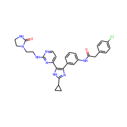 O=C(Cc1ccc(Cl)cc1)Nc1cccc(-c2nc(C3CC3)[nH]c2-c2ccnc(NCCN3CCNC3=O)n2)c1 ZINC000029042492