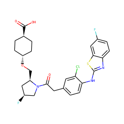 O=C(Cc1ccc(Nc2nc3ccc(F)cc3s2)c(Cl)c1)N1C[C@@H](F)C[C@H]1CO[C@H]1CC[C@H](C(=O)O)CC1 ZINC000254113652