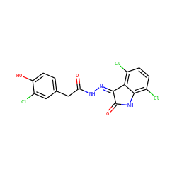 O=C(Cc1ccc(O)c(Cl)c1)N/N=C1\C(=O)Nc2c(Cl)ccc(Cl)c21 ZINC000006744643