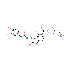 O=C(Cc1ccc(O)c(Cl)c1)N/N=C1\C(=O)Nc2ccc(C(=O)N3CCC(NC4CC4)CC3)c(Cl)c21 ZINC000072179436
