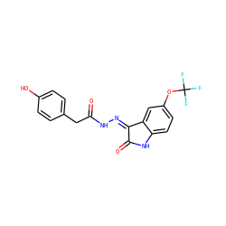 O=C(Cc1ccc(O)cc1)N/N=C1\C(=O)Nc2ccc(OC(F)(F)F)cc21 ZINC000072179592
