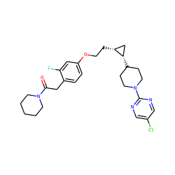 O=C(Cc1ccc(OCC[C@@H]2C[C@@H]2C2CCN(c3ncc(Cl)cn3)CC2)cc1F)N1CCCCC1 ZINC000147916447