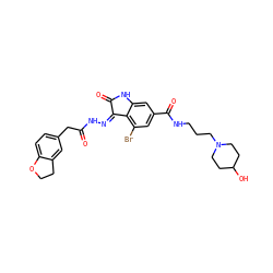 O=C(Cc1ccc2c(c1)CCO2)N/N=C1\C(=O)Nc2cc(C(=O)NCCCN3CCC(O)CC3)cc(Br)c21 ZINC000072180014
