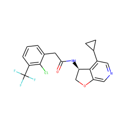 O=C(Cc1cccc(C(F)(F)F)c1Cl)N[C@@H]1COc2cncc(C3CC3)c21 ZINC000146505209