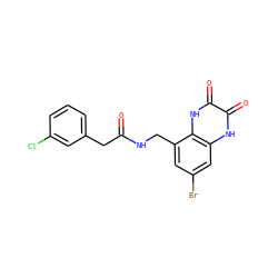 O=C(Cc1cccc(Cl)c1)NCc1cc(Br)cc2[nH]c(=O)c(=O)[nH]c12 ZINC000027554426