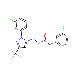 O=C(Cc1cccc(F)c1)NCc1cc(C(F)(F)F)nn1-c1cccc(Cl)c1 ZINC000113488795