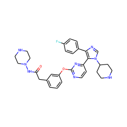 O=C(Cc1cccc(Oc2nccc(-c3c(-c4ccc(F)cc4)ncn3C3CCNCC3)n2)c1)NN1CCNCC1 ZINC000071280673