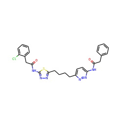 O=C(Cc1ccccc1)Nc1ccc(CCCCc2nnc(NC(=O)Cc3ccccc3Cl)s2)nn1 ZINC000169698440