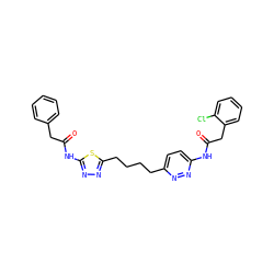 O=C(Cc1ccccc1Cl)Nc1ccc(CCCCc2nnc(NC(=O)Cc3ccccc3)s2)nn1 ZINC000169698439