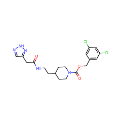 O=C(Cc1cn[nH]n1)NCCC1CCN(C(=O)OCc2cc(Cl)cc(Cl)c2)CC1 ZINC000209574087