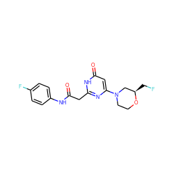 O=C(Cc1nc(N2CCO[C@H](CF)C2)cc(=O)[nH]1)Nc1ccc(F)cc1 ZINC000147081114