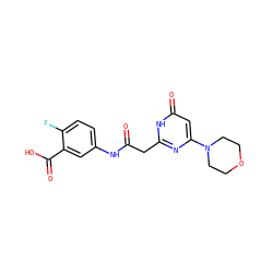 O=C(Cc1nc(N2CCOCC2)cc(=O)[nH]1)Nc1ccc(F)c(C(=O)O)c1 ZINC000115066649