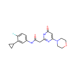 O=C(Cc1nc(N2CCOCC2)cc(=O)[nH]1)Nc1ccc(F)c(C2CC2)c1 ZINC000115071663