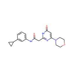 O=C(Cc1nc(N2CCOCC2)cc(=O)[nH]1)Nc1cccc(C2CC2)c1 ZINC000205267931