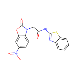 O=C(Cn1c(=O)oc2cc([N+](=O)[O-])ccc21)Nc1nc2ccccc2s1 ZINC000012621427