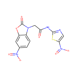 O=C(Cn1c(=O)oc2cc([N+](=O)[O-])ccc21)Nc1ncc([N+](=O)[O-])s1 ZINC000299835792