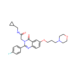 O=C(Cn1c(-c2ccc(F)cc2)nc2ccc(OCCCN3CCOCC3)cc2c1=O)NCC1CC1 ZINC000066101480