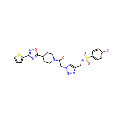 O=C(Cn1cc(CNS(=O)(=O)c2ccc(I)cc2)nn1)N1CCC(c2nc(-c3cccs3)no2)CC1 ZINC000058638413