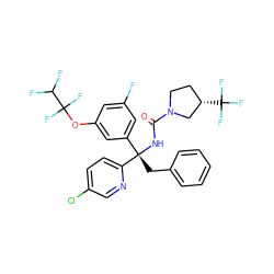 O=C(N[C@@](Cc1ccccc1)(c1cc(F)cc(OC(F)(F)C(F)F)c1)c1ccc(Cl)cn1)N1CC[C@H](C(F)(F)F)C1 ZINC000095580550