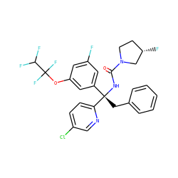 O=C(N[C@@](Cc1ccccc1)(c1cc(F)cc(OC(F)(F)C(F)F)c1)c1ccc(Cl)cn1)N1CC[C@H](F)C1 ZINC000095578309