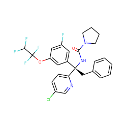 O=C(N[C@@](Cc1ccccc1)(c1cc(F)cc(OC(F)(F)C(F)F)c1)c1ccc(Cl)cn1)N1CCCC1 ZINC000095573068