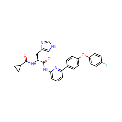 O=C(N[C@@H](Cc1c[nH]cn1)C(=O)Nc1cccc(-c2ccc(Oc3ccc(F)cc3)cc2)n1)C1CC1 ZINC000095573057
