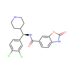 O=C(N[C@@H](c1ccc(Cl)c(Cl)c1)C1CCNCC1)c1ccc2[nH]c(=O)oc2c1 ZINC000072180733