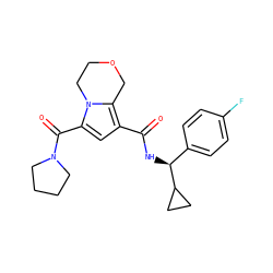 O=C(N[C@@H](c1ccc(F)cc1)C1CC1)c1cc(C(=O)N2CCCC2)n2c1COCC2 ZINC000146066224
