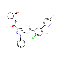 O=C(N[C@@H]1COC[C@H]1O)c1cc(NC(=O)c2cc(-c3ccc(F)cn3)c(Cl)cc2Cl)n(-c2ccccc2)n1 ZINC001772619334