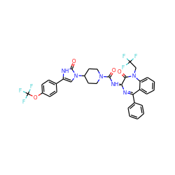 O=C(N[C@@H]1N=C(c2ccccc2)c2ccccc2N(CC(F)(F)F)C1=O)N1CCC(n2cc(-c3ccc(OC(F)(F)F)cc3)[nH]c2=O)CC1 ZINC000049817357