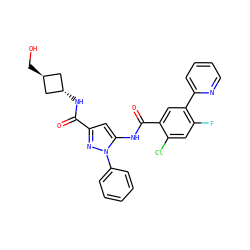 O=C(N[C@H]1C[C@H](CO)C1)c1cc(NC(=O)c2cc(-c3ccccn3)c(F)cc2Cl)n(-c2ccccc2)n1 ZINC001772587159
