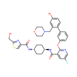 O=C(N[C@H]1CC[C@H](NC(=O)c2cc(F)cnc2Oc2cccc(-c3ccc(O)cc3CN3CCOCC3)c2)CC1)c1csc(CO)n1 ZINC000168294652