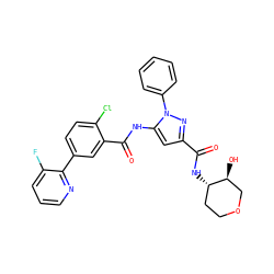 O=C(N[C@H]1CCOC[C@@H]1O)c1cc(NC(=O)c2cc(-c3ncccc3F)ccc2Cl)n(-c2ccccc2)n1 ZINC001772637635