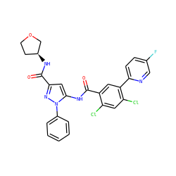 O=C(N[C@H]1CCOC1)c1cc(NC(=O)c2cc(-c3ccc(F)cn3)c(Cl)cc2Cl)n(-c2ccccc2)n1 ZINC001772587305