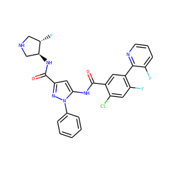 O=C(N[C@H]1CNC[C@@H]1F)c1cc(NC(=O)c2cc(-c3ncccc3F)c(F)cc2Cl)n(-c2ccccc2)n1 ZINC001772573299