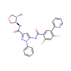 O=C(N[C@H]1COC[C@@H]1O)c1cc(NC(=O)c2cc(-c3ccccn3)c(Cl)cc2Cl)n(-c2ccccc2)n1 ZINC001772605330