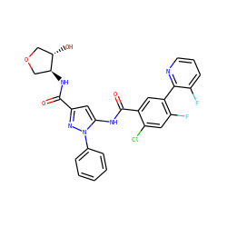 O=C(N[C@H]1COC[C@@H]1O)c1cc(NC(=O)c2cc(-c3ncccc3F)c(F)cc2Cl)n(-c2ccccc2)n1 ZINC001772641607