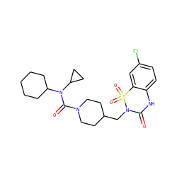 O=C(N1CCC(CN2C(=O)Nc3ccc(Cl)cc3S2(=O)=O)CC1)N(C1CCCCC1)C1CC1 ZINC000084587720