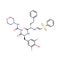 O=C(NC(=O)[C@H](Cc1cc(I)c(O)c(I)c1)NC(=O)[C@H](CCc1ccccc1)N/C=C/S(=O)(=O)c1ccccc1)NN1CCOCC1 ZINC000150555488