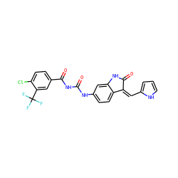 O=C(NC(=O)c1ccc(Cl)c(C(F)(F)F)c1)Nc1ccc2c(c1)NC(=O)/C2=C\c1ccc[nH]1 ZINC000205826837